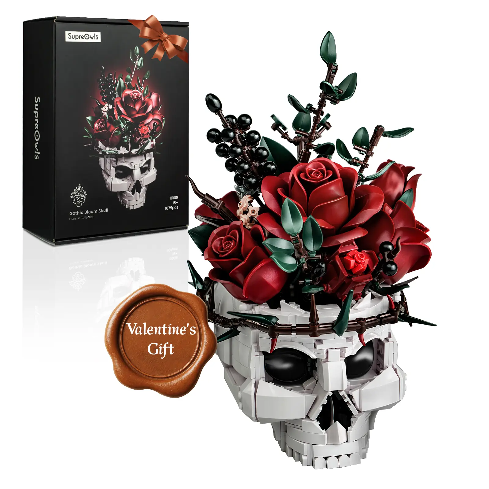 Supreowls Gothic Skull Rose Building Set – DIY Dark Botanical Blocks for Adults, Horror Decor for Halloween or Valentine’s,Christmas Gift for Brick Fans & Collectors