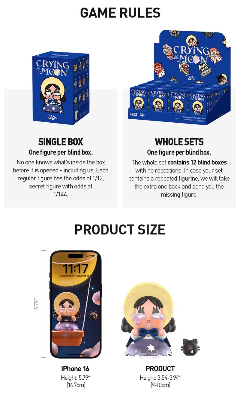 POP MART CRYBABY CRYING TO THE MOON SERIES FIGURES Blind Box, Collectible Toys, Valentine’s Day Gifts