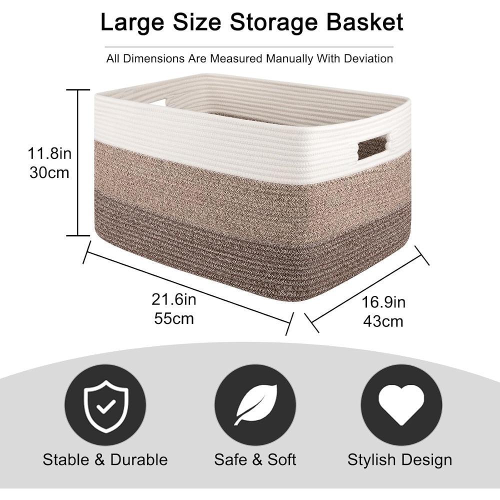 Extra Large Blanket Basket, Rectangle Woven Cotton Rope Storage Basket,Used for storing Dirty Clothes, Stuffed Animal Toy Storage for Living Room,Kids Room,Gradient Brown