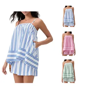 Yimoon Women 2 Piece Lounge Set Striped Pajama Set Ruffle Hem Cami Tops and Stripe Boxer Shorts Set Sleepwear