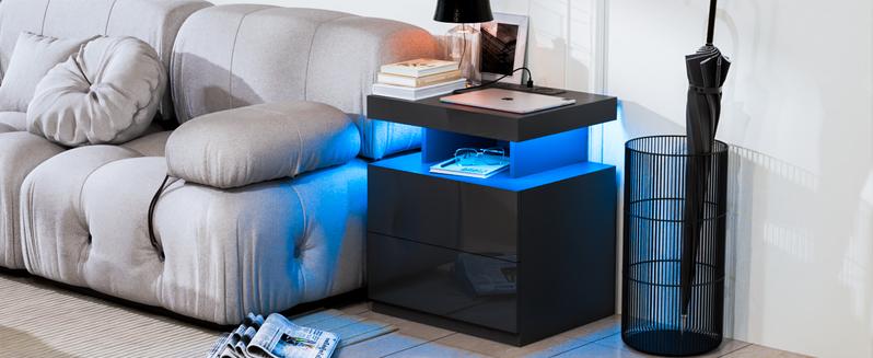 HOMMPA LED Nightstand with Wireless Charging Station & USB Ports, Modern Bedside Table, Black Night Stand with Open Compartment, Smart Nightstand High Gloss Surface for Bedroom