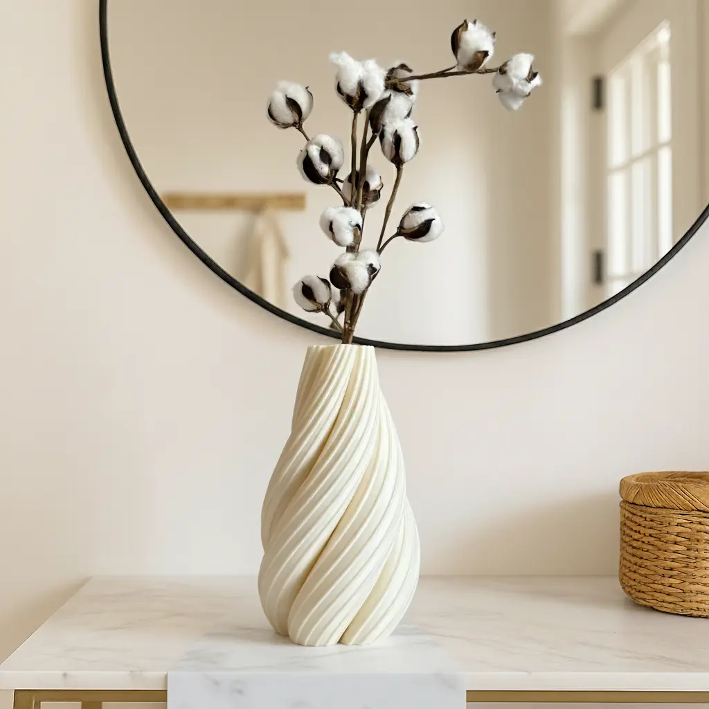 Drift Twist Flower Vase - Modern Spiral Form 3D-Printed Minimalist Japandi Plastic Home Decoration, Sustainable Plant-Based PLA Hand-Finished Desk & Indoor Shelves Centerpiece Gift, Continuous Swirl