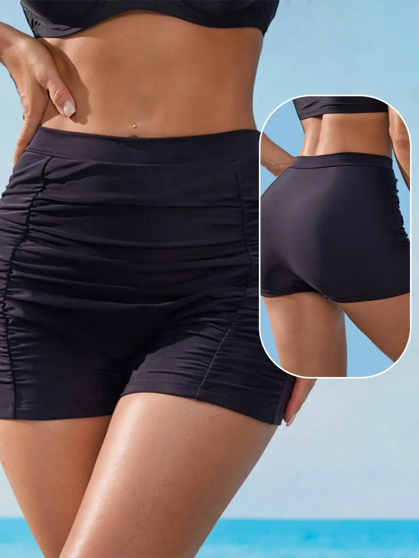 Women's Black Ruffled High-Waisted Slimming Butt-Lift Ruched Edge Bikini Bottoms - Tummy Control Swimwear for Casual Beach Holidays, Spring-Summer New Arrival Sports & Outdoor Swim Bottoms, Ruched Bikini Bottoms