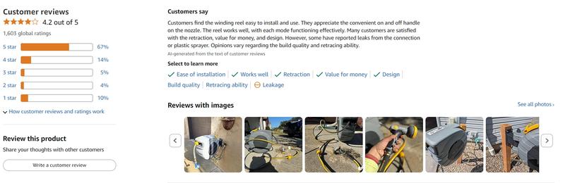 GLAHODEN Upgraded Retractable Garden Hose Reel 1/2 Inch x 65 ft Wall Mounted with 9 Patterns Nozzle & 180° Swivel Bracket Automatic Watering Devices