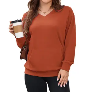 Women's Hoodless V-neck Sweatshirt With Kangaroo Pocket  Fleece Longsleeve Oversized Casual Style Shirt