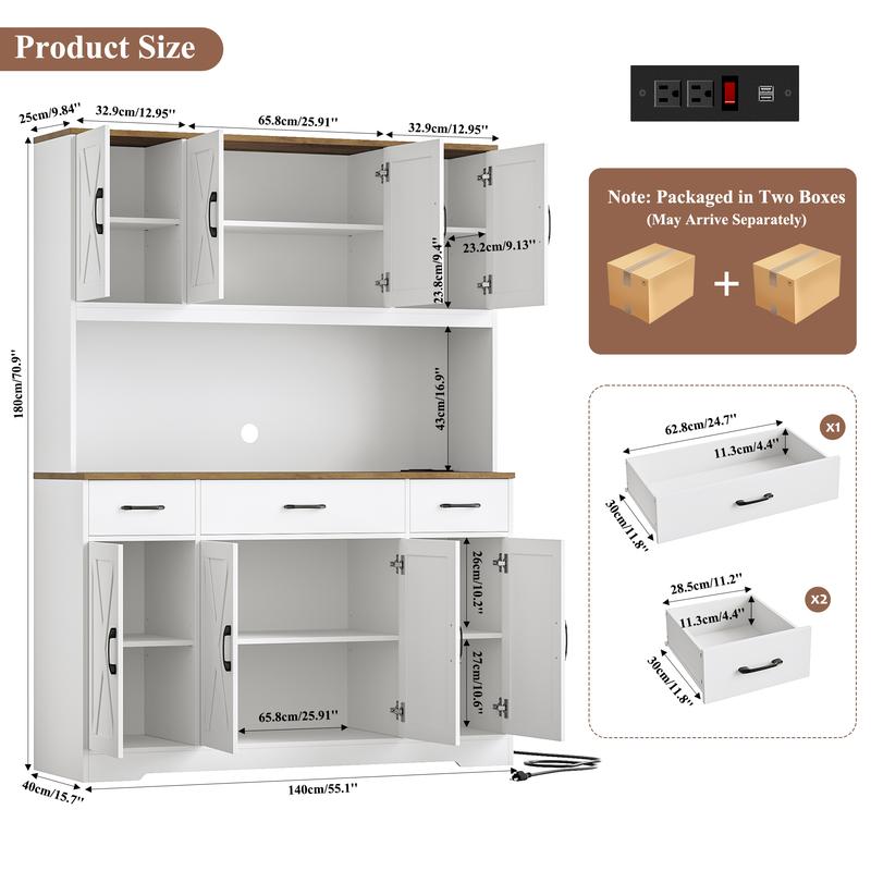 【2 packages shipping】HOSTACK 71" Tall Kitchen Pantry Storage Cabinet with Charging Station, Large Countertop, Farmhouse Food Pantry with 3 Storage Drawers
