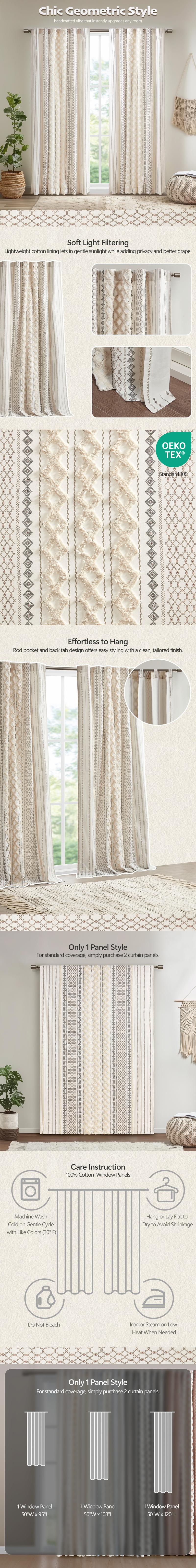 Cotton Printed with Tufted Chenille Stripe Trim Window Curtain Panel