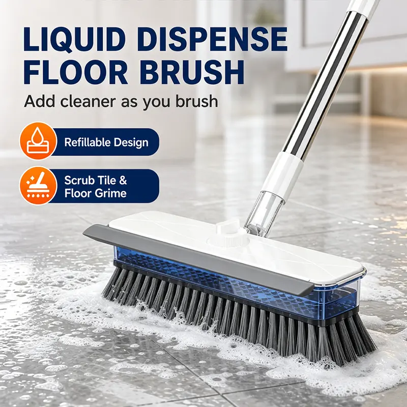 Pink Heavy-Duty Liquid Dispensing Floor Scrub Brush & Dustpan Set, Long Back-Friendly Handle, Press-Release Soap Tank, Hard Bristles, Multipurpose Cleaning Tool with Press-to-Soap Flow, Stand-Up Scrub, Crevice-Deep Clean for Tile & Floor Grime, Durable