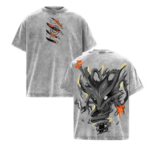 Kurama Nine Tails Tee Leaf Village Hero Narutoo Anime T-Shirt Back Graphic Dark Mythic Fox Spirit Vintage Washed Oversized Japanese Streetwear Heavyweight Cotton Unisex Manga Tee