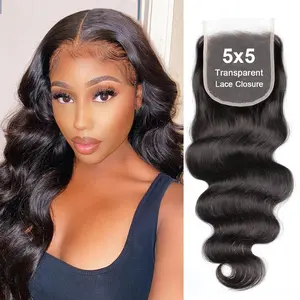Msgem Hair 5x5 Ultra-thin Transparent Lace Closure Body Wave 12A Brazilian Virgin Human Hair Closure Free Part Pre Plucked with Baby Hair Natural Black