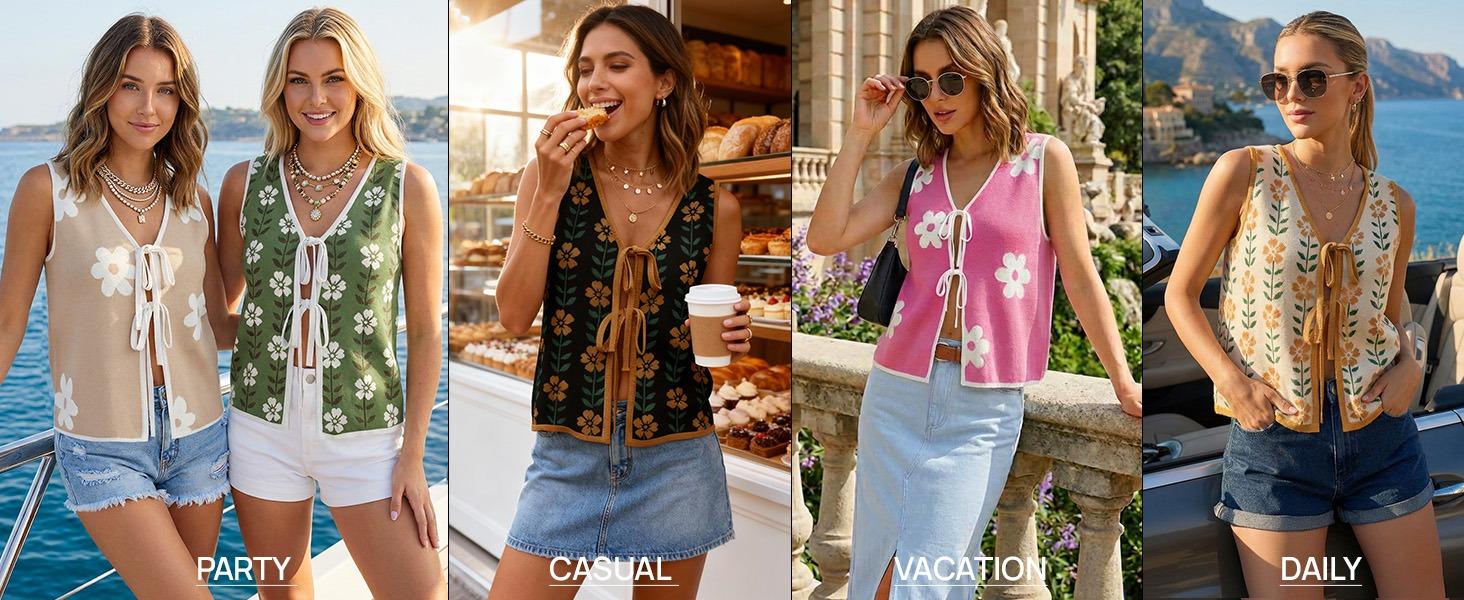 ZESICA Women's Tie Front Sweater Vest Summer Print Sleeveless Knit Y2k Tank Tops 2026 Trendy Clothes Outfits Dress