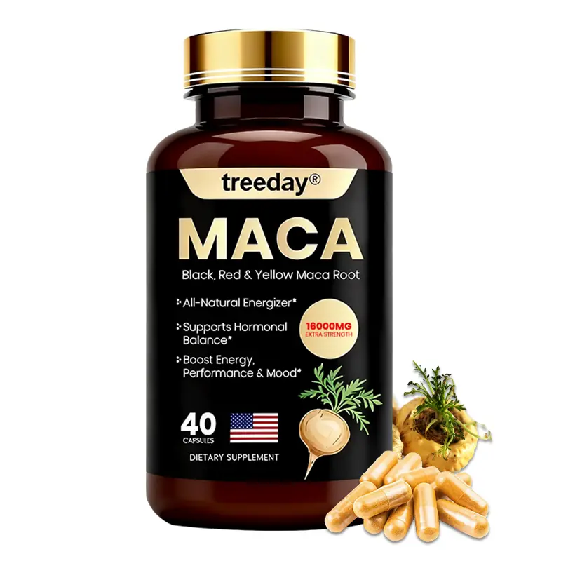Treeday Natural 3-in-1 Maca Root Capsules - 16000mg High Potency Focus Supplement, 40 Count Vitamins and Minerals Supplements Hormonal Support Blended for Energy, Fitness Performance