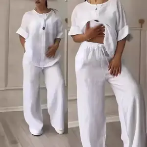 2025 Comfortable Loose Top & Wide-Leg Casual Cotton Linen Set for Women - Women's Two-Piece Outfit with Wide-Leg Pants and Casual Suits