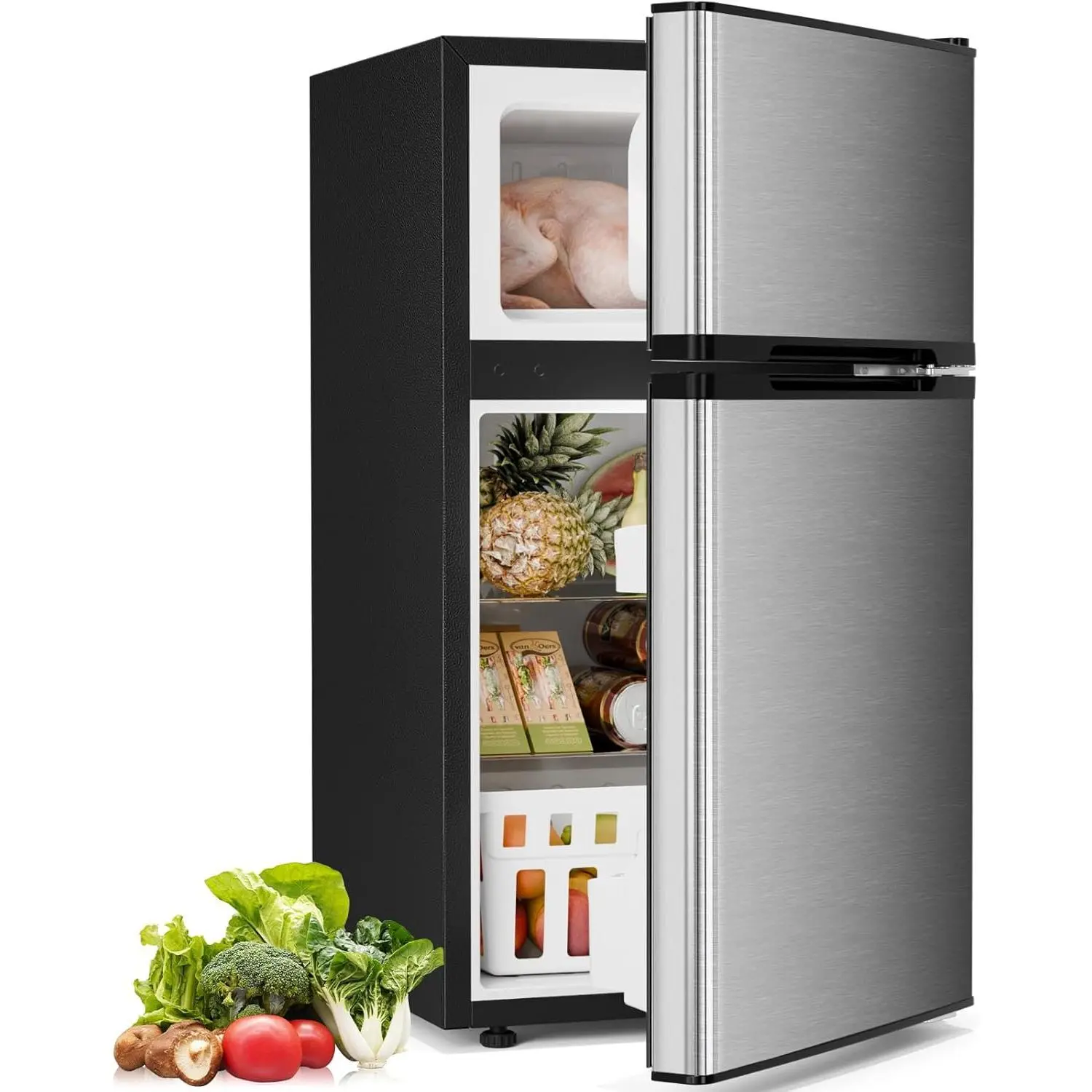 3.2 Cu Ft Silver Dual Zone Compact Refrigerator with Freezer, 2-Door Mini Fridge, Adjustable Shelf, Thermostat for Bedroom, Office, Dual Zone Refrigerator