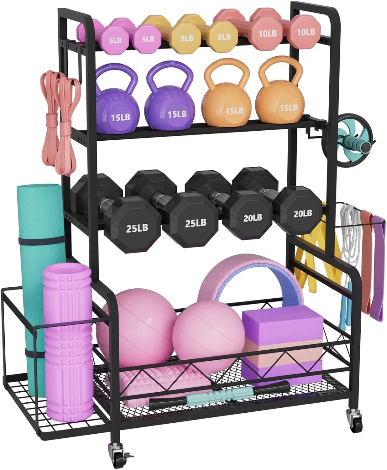 Heavy Duty High Weight Capacity Adjustable Dumbbell Rack with Wheels - Multipurpose Home Gym Storage Organizer for Kettlebells, Yoga Mats, Lifting Gear, Strength Conditioning Tools, Weight Training Items (Home Gym Equipment, Racks & Displays), Lifting Equ