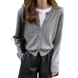 Solid Button Through Cardigan For Spring And Autumn Long Sleeve Tops Fabric Fit Casual Minimalist OL Style Grey Knitwear Women's Clothing