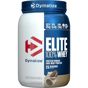 Dymatize Elite 100% Whey Protein Powder, Cookies & Cream, 25g of Protein, 5.5g BCAAs, Less Than 140 Cal., Gluten Free, 3g Carb, 2g Sugar, 3g Fat (25 Servings)