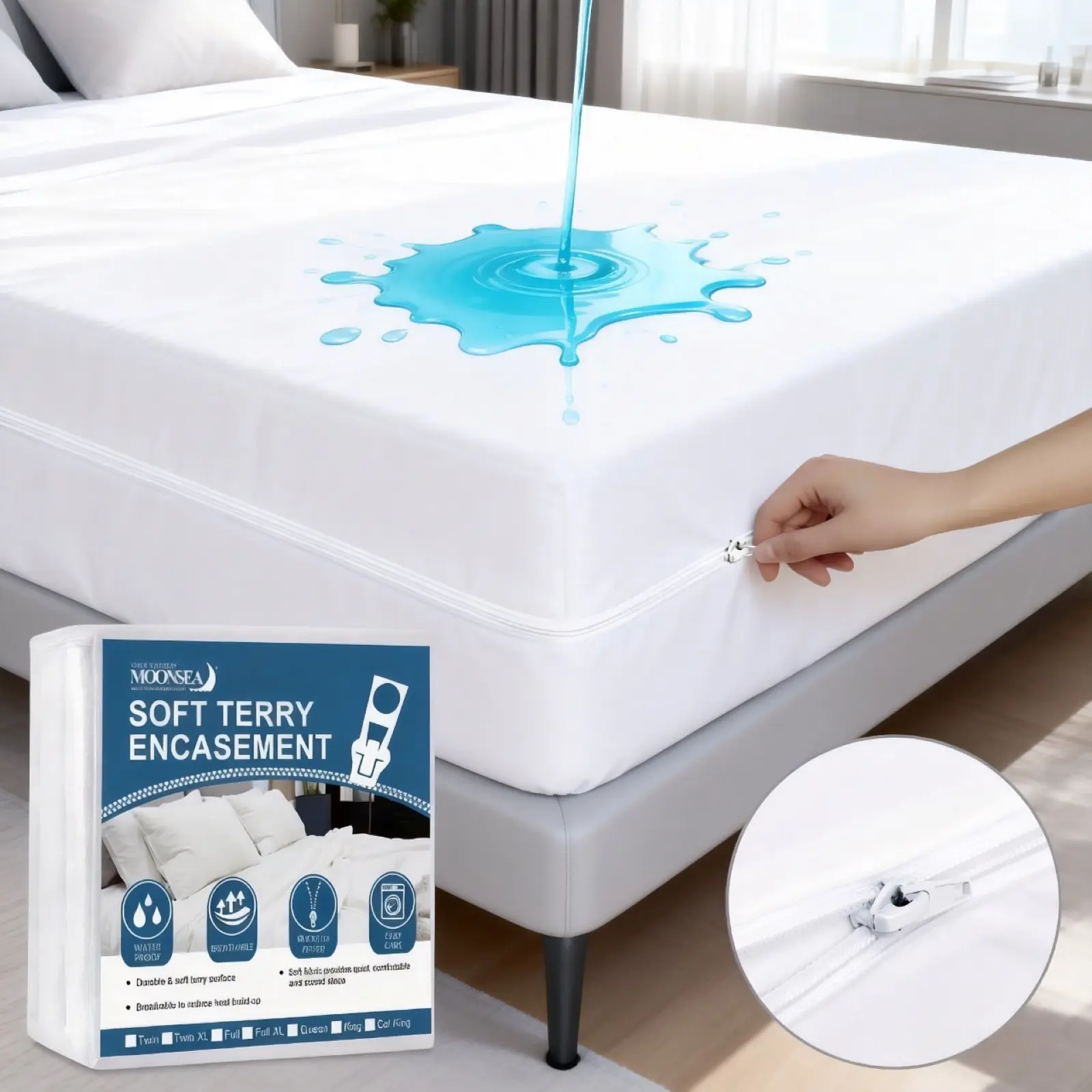 Moonsea Soft Terry Zippered Mattress Encasement, 6-Sided Waterproof Bed Bug Dust Mite Proof Mattress Protector Breathable Noiseless Absorbent Mattress Cover Fitted Sheet with Deep Pocket 360° Protection Machine Washable #SummerVibes #tiktokshopsummersale