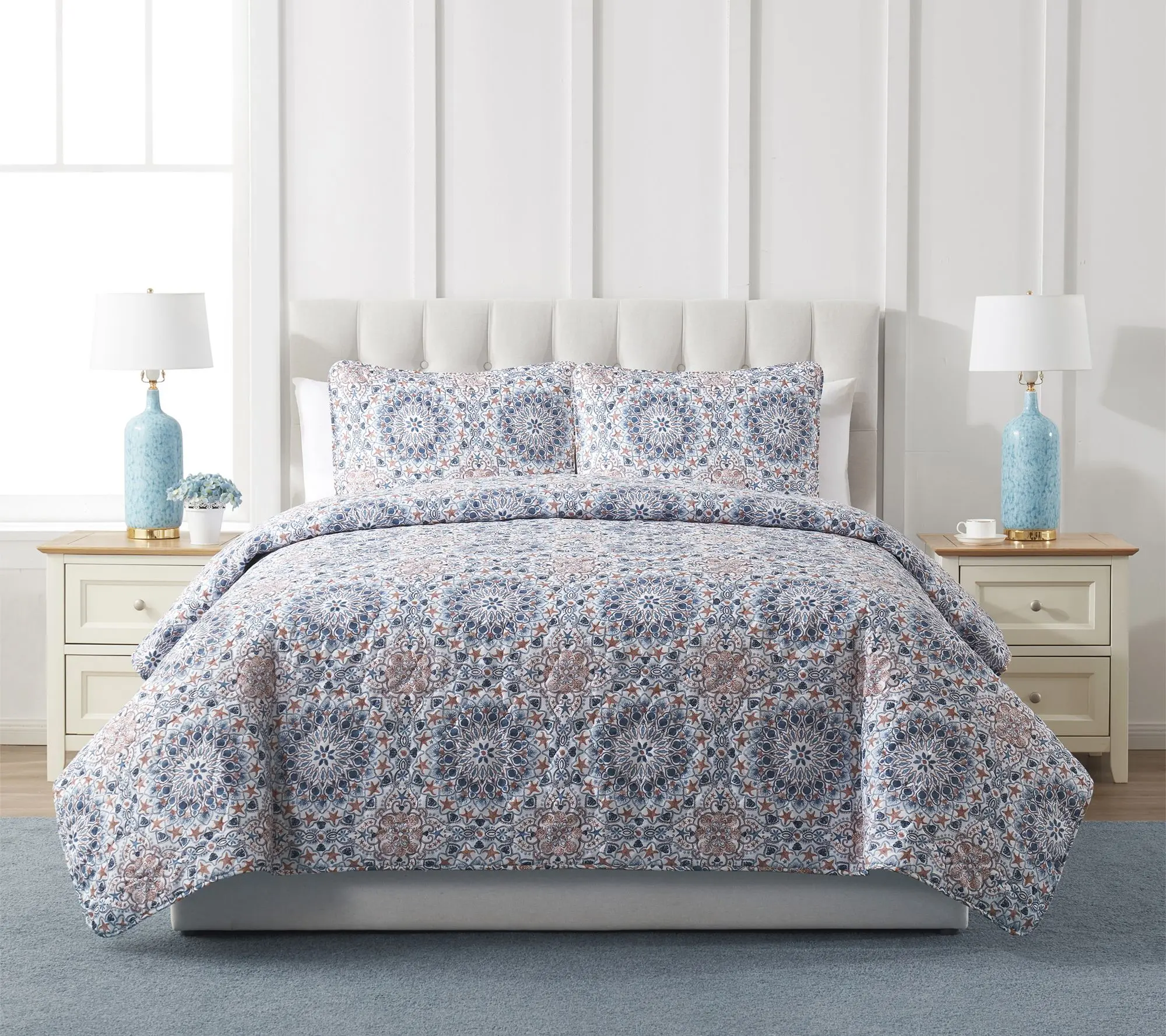 VCNY Home Sea Medallion 3pc Seashell Quilt Set,Full/ Queen