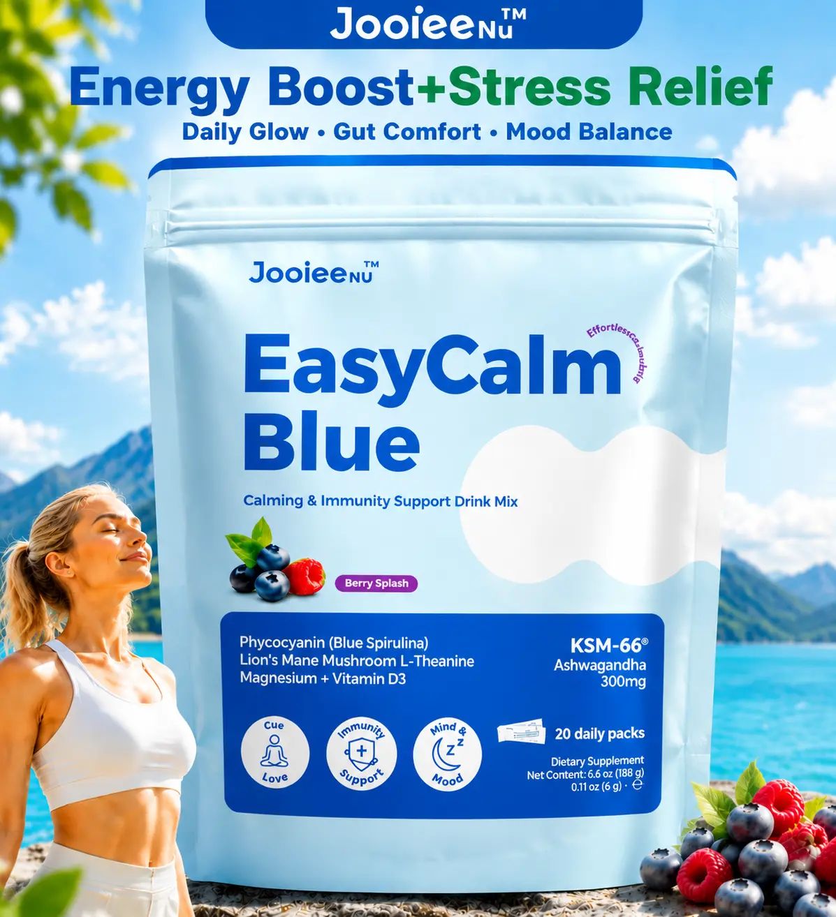 JooieeNu EasyCalm Blue, Magnesium KSM-66 Ashwagandha & Blue Spirulina L-theanine Lion's Mane Mushroom GABA Vitamin D3, Mixed drink Supports Cortisol Balance, Detox, Mood,Sleep, 20 Servings Travel Packets,travel essentials