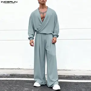 INCERUN Men's Spring/Summer Zen Style Two Piece Set Co-ord Kimono V-Neck Top Wide Leg Pants Resort Wear