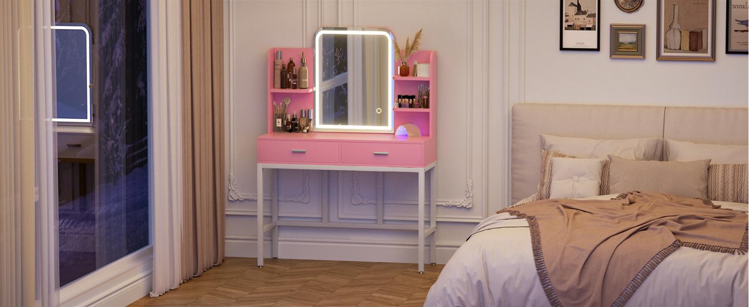 Unikito 33.7" Vanity Desk with Power Outlet, White and Black Makeup Dressing Table with Mirror and Lights, Ample Storage Space small room Vanitydesk Unikito 33.7" Vanity Desk with Power Outlet, White and Black Makeup Dressing Table with Mirror and Lights, Ample Storage Space small room Vanitydesk