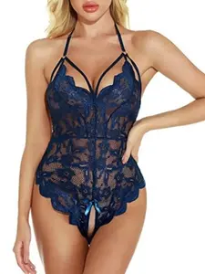 AgeRose Women's Floral Lace Halter Bodysuit - Sexy Lingerie with Scalloped Trim, Lightweight Fabric, Strap Design, Comfy Breathable Fit - Valentine's Day Gift