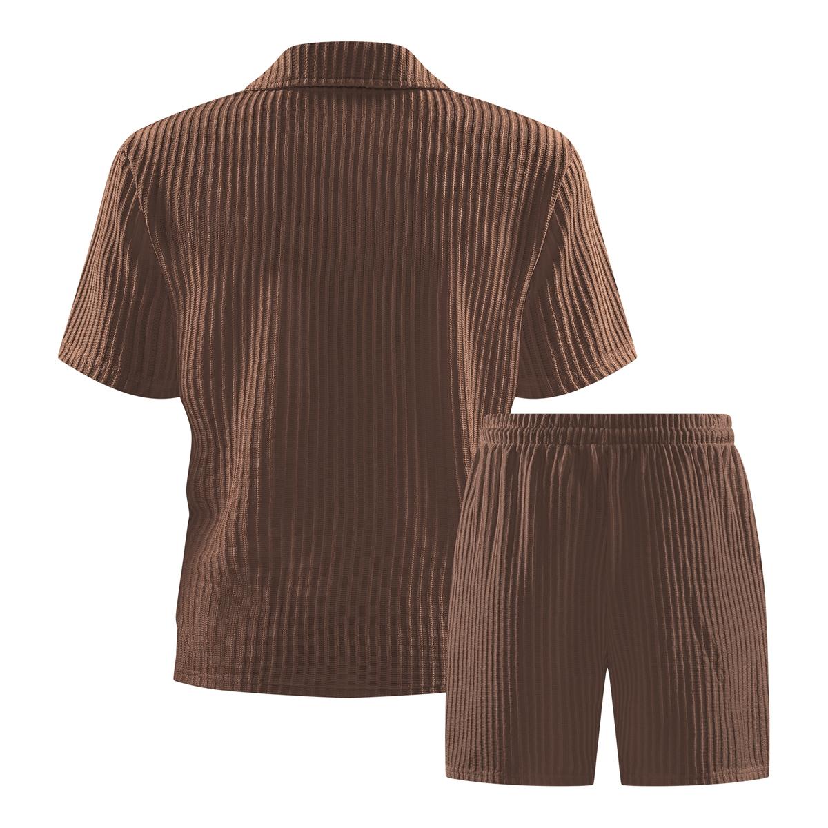 Classic men's solid color summer polo shirt shorts set, regular version with vertical fine stripe texture and exquisite collar design to create a refined casual look