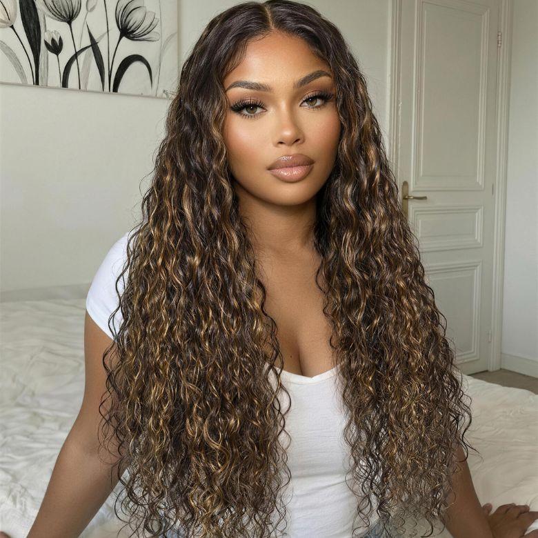【LIVE SALE】Unice Highlight Balayage Water Wave Wig 7x5 Lace Closure Human Hair Wigs with Drawstring Pre Bleached Knots Glueless Lace Wig