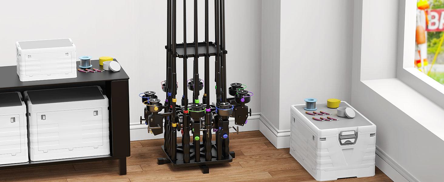 Carbon Steel 360° Rotating Fishing Rod Holder for Garage Holds 16 Rods Easy Install Space Saving Sturdy Rack Organizer for Men Black Bracket Shelf