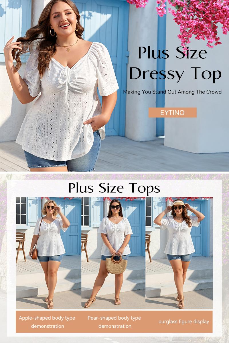 Eytino Womens Plus Size Tops Sweetheart Neck Short Sleeve Eyelet Embroidery Summer Loose Peplum Shirts(1X-5X)