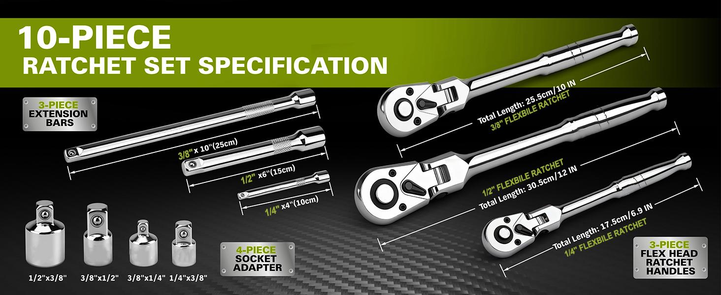 SEESE 10 Piece Flex Head Ratchet Set, 1/4", 3/8" and 1/2" Drive Swivel Head Ratchet Wrench with Extension Bar and 4pc Adapter, 72-Tooth Flexible Wrench Handle with Quick-Release Reversible Design