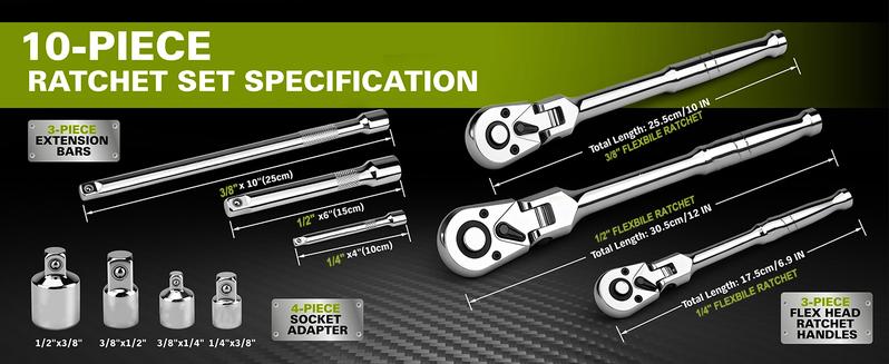 SEESE 10 Piece Flex Head Ratchet Set, 1/4", 3/8" and 1/2" Drive Swivel Head Ratchet Wrench with Extension Bar and 4pc Adapter, 72-Tooth Flexible Wrench Handle with Quick-Release Reversible Design