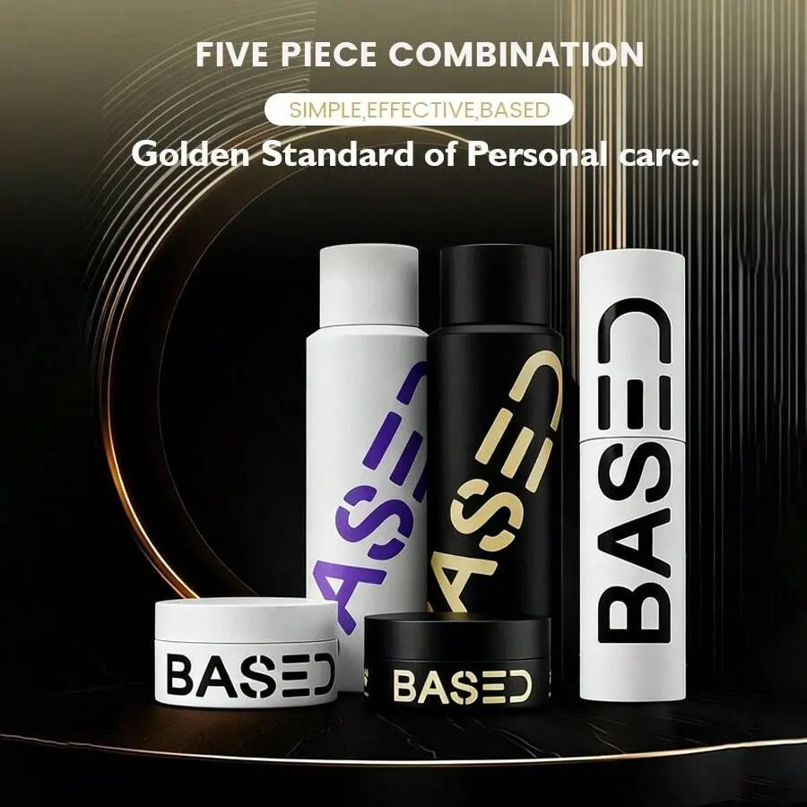 Five-In-One Combo Pack BASED Ultimate Straight/Wavy Hair Styling Bundle| Hair Texturizing Powder And Hair Clay For Men,Shower Duo Shampoo & Conditioner Bundle With Peppermint Oil Hair Care Products,Texture Powder, Clay, Pomade| BASED Bodyworks|Premium,Lig