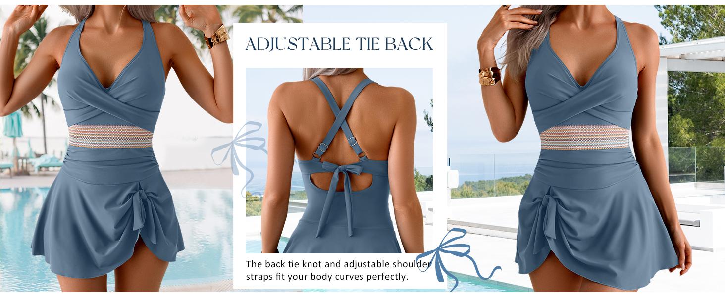 Women One Piece Swimsuit V Neck Swimdress Color Block Bathing Suit Skirt Tummy Control Tie Back Swim Dress Women One Piece Swimsuit V Neck Swimdress Color Block Bathing Suit Skirt Tummy Control Tie Back Swim Dress