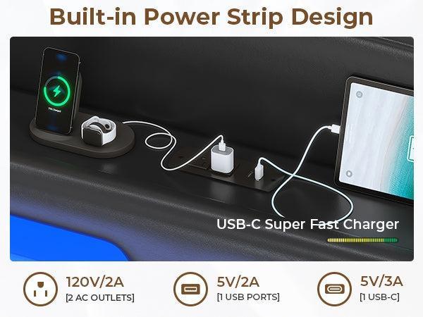 Sikaic RGB LED Floating Platform Bed Frame with Type-C Charging Station & Secret Storage Headboard PU Black Modern Bedroom Furniture