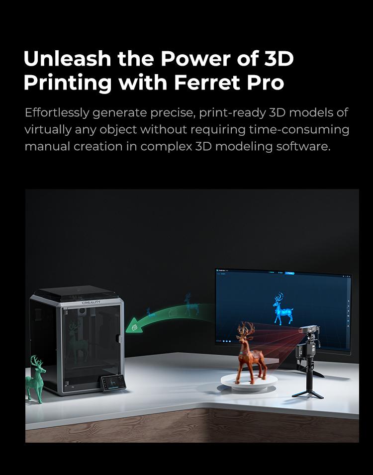 Creality CR-Scan Ferret Pro 3D Scanner with 0.1mm Accuracy, WiFi 6, Anti-Shake 3D Imaging, 24-Bit Color, Scan Black/Metal, Portable, Low Power