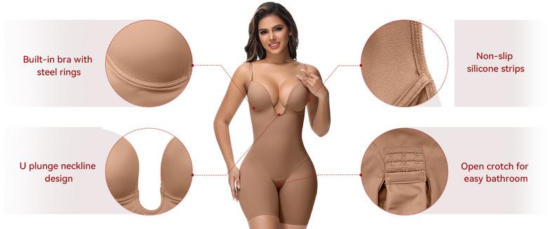 SHAPSHE Backless Plunge Seamless Shapewear Bodysuits Full Body Tummy Control Built In Bra with Plunge Low Back Body Shaper for Wedding Party
