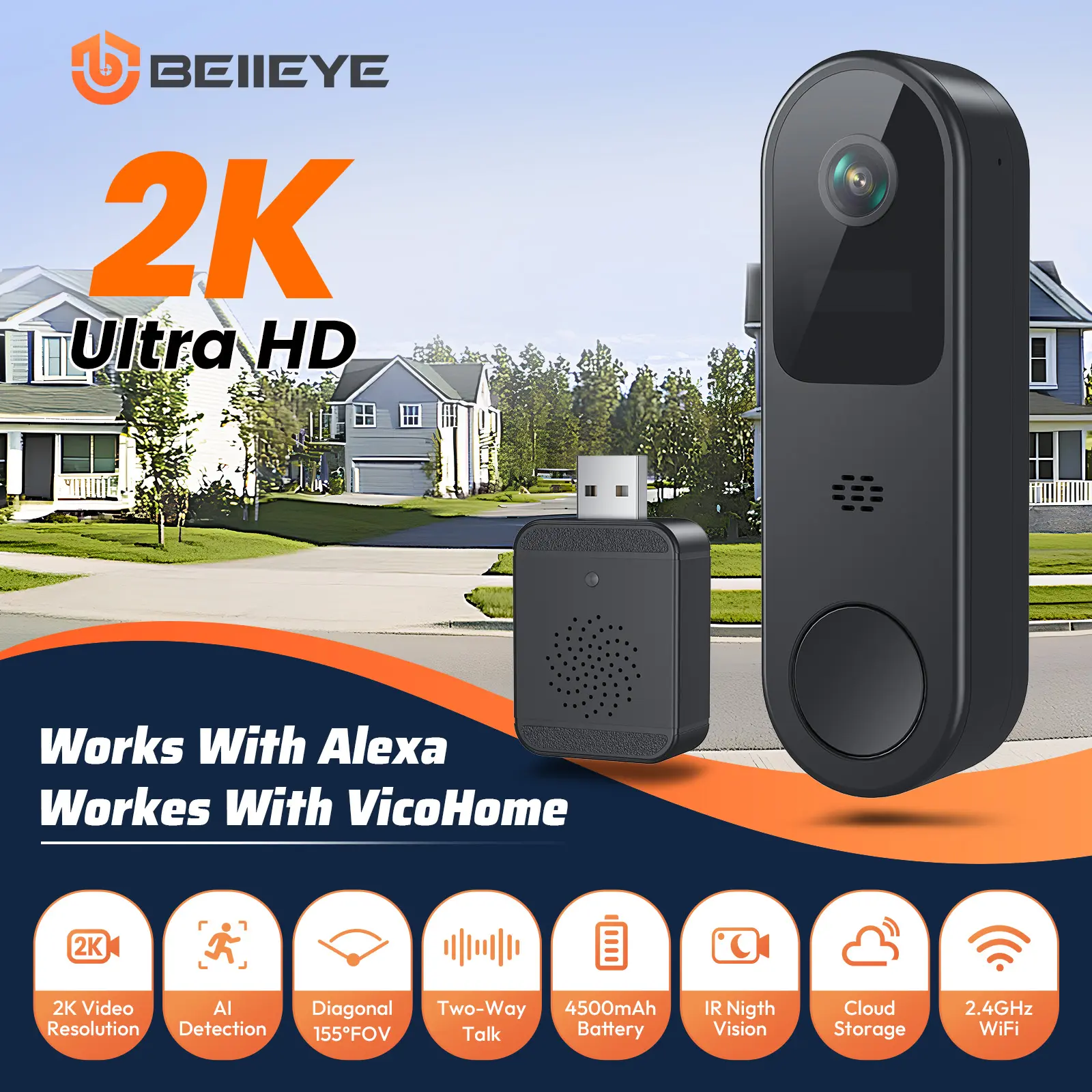 2K HD Battery Doorbell Camera Wireless with Ring Chime, Smart Video Doorbell with Two-Way Talk, Secure Cloud Storage, AI Detection and Instant Alerts, Night Vision, Compatible with Alexa