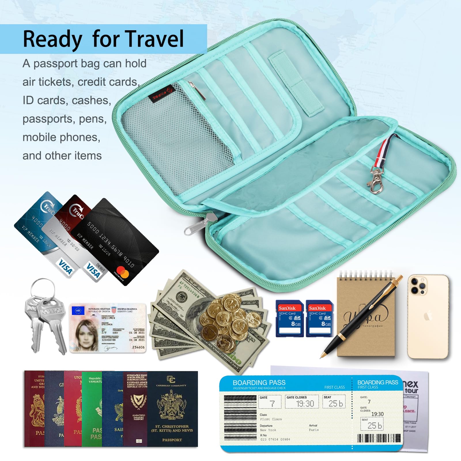 Passport Holder Wallet for Family of 6, RFID-Blocking Travel Document Organizer Bag  with Compact Design - Family Travel Essentials