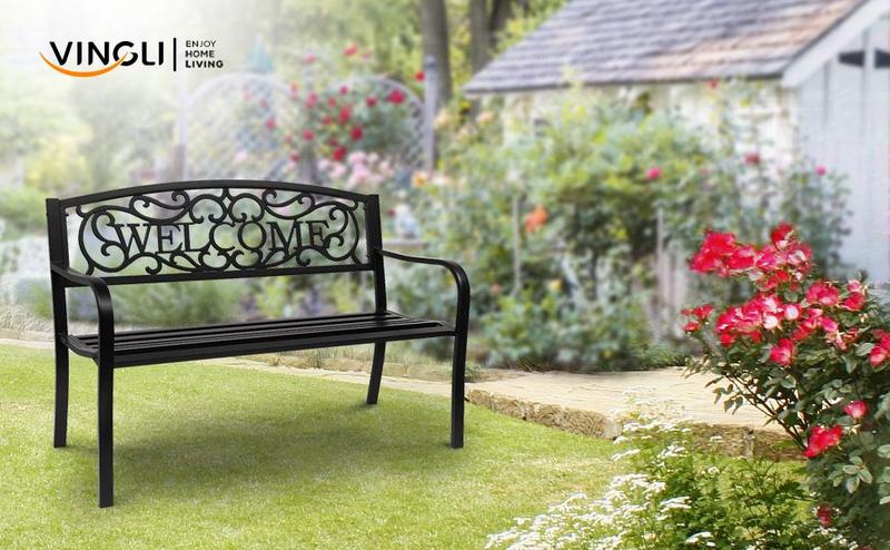 VINGLI Outdoor Metal Garden Bench with PVC Back Pattern, Black Steel Welcome Bench for Patio, Porch, Deck, Yard, Lawn Decor Entryway VINGLI Outdoor Metal Garden Bench with PVC Back Pattern, Black Steel Welcome Bench for Patio, Porch, Deck, Yard, Lawn Decor Entryway