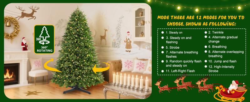【Local Delivery】Clearance Sale 6/7.5/9 FT Artificial PE+PVC Fir Greet Foliage Prelit Blinking Christmas Tree with 12 Lighting Modes Warm White Lights & Rotating Stand, Holiday Xmas Decor