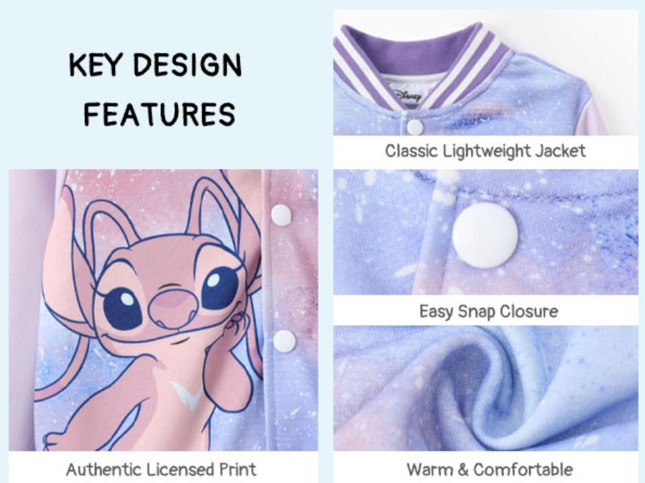 Disney Stitch & Angel Baseball Jackets Color-Block Lightweight Classic Snap Button Sweatshirts for Kids Sizes 6-14 Years