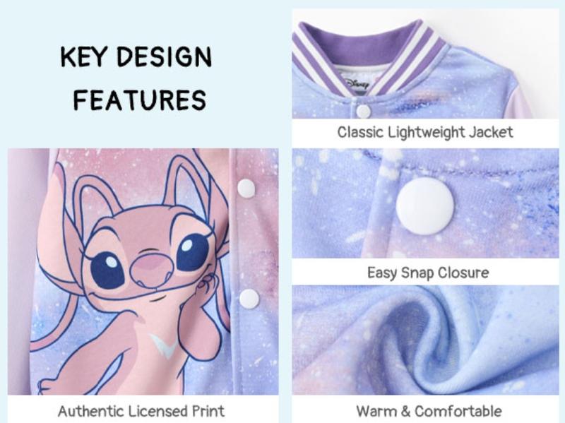Disney Stitch & Angel Baseball Jackets Color-Block Lightweight Classic Snap Button Sweatshirts for Kids Sizes 6-14 Years