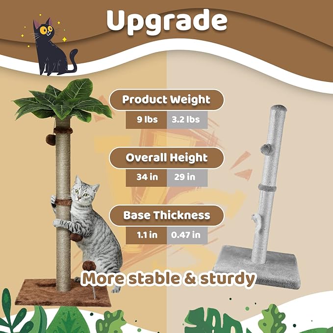 POMESEA Cat Scratching Post, 34'' Tall Scratchers Post for Indoor Cats, Cute Cat Tree Climbing Post for Large Cats and Kittens, Palm Tree