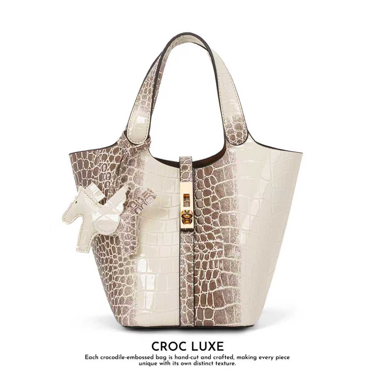 CN6004 Tote Bag for Women Vegan Leather Bucket Purse for Women Crocodile Pattern Top Handle Handbag Shoulder Bag with Detachable Small Purse Apricot TikTokShopHolidayHaul