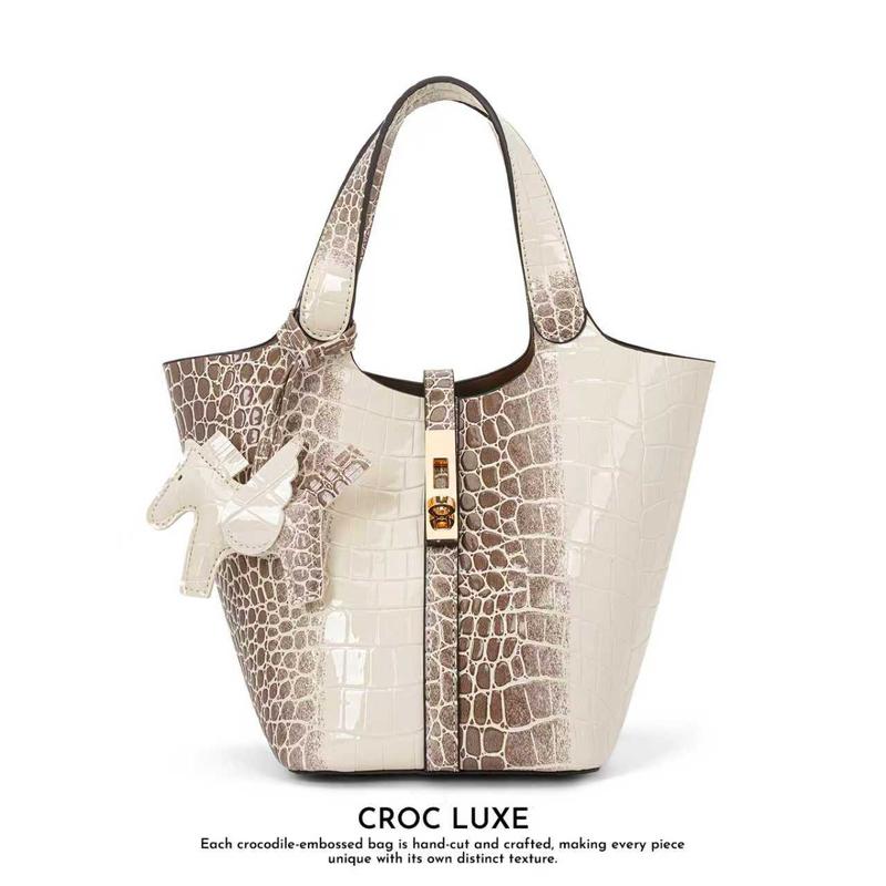CN6004 Tote Bag for Women Vegan Leather Bucket Purse for Women Crocodile Pattern Top Handle Handbag Shoulder Bag with Detachable Small Purse Apricot TikTokShopHolidayHaul
