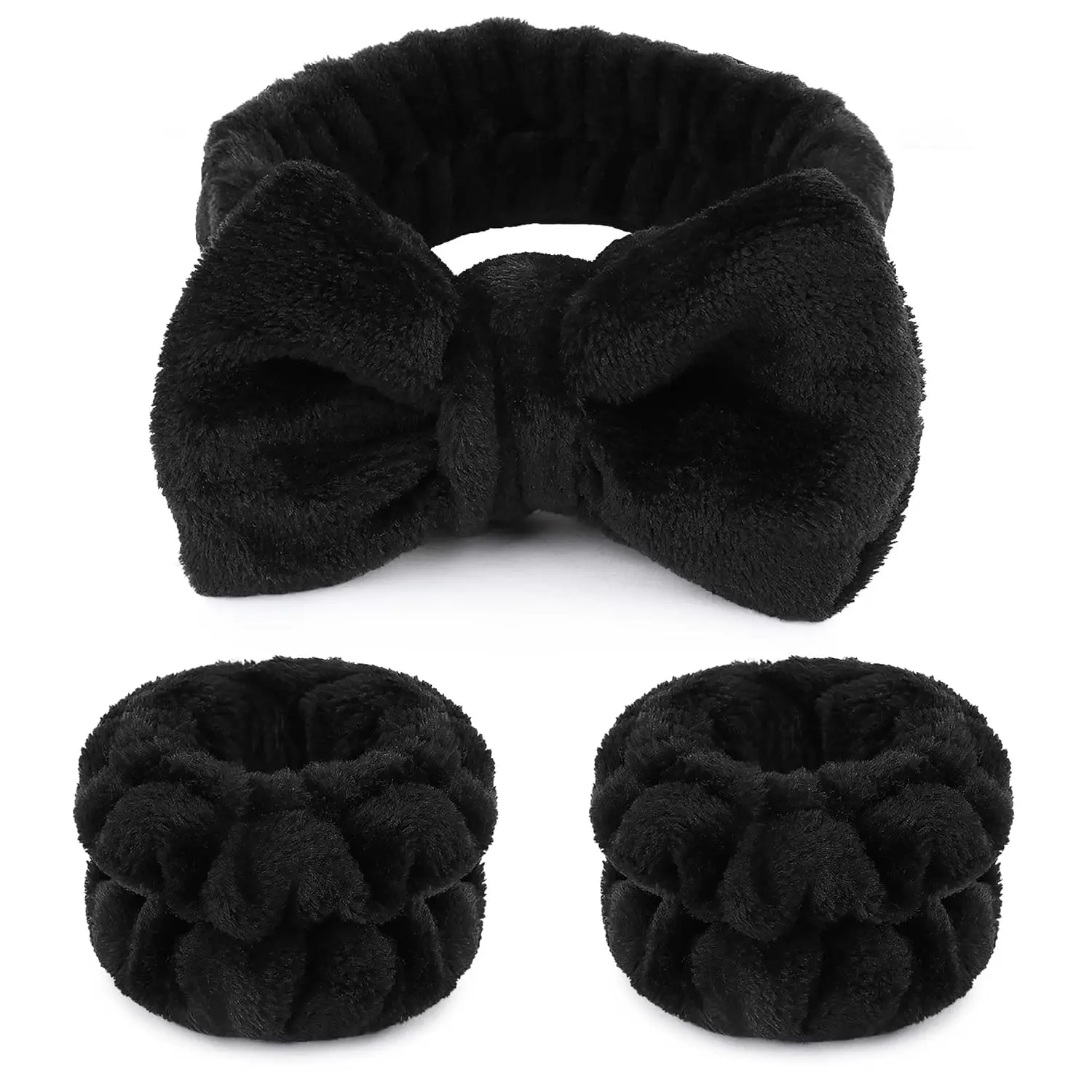 Unisex Plain Spa Headbands Set - 1 Black Microfiber Fluffy Bow Tie Headband, 2 Absorbent Wrist Wash Bands for Face Washing, Skin Care