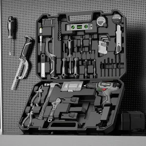 Tool Set with Drill, 110Pcs Cordless Drill Household Power Tools Set with 2 Lithium Driver Claw Hammer Wrenches Pliers DIY Accessories Tool Kit