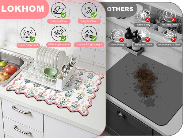 LOKHOM Scalloped Floral Dish Drying Mat for Kitchen Counter, 18"x24" Absorbent Coffee Bar Mat with Vintage Sage Flower Herbs, Dish Drainer Rack Mat for Kitchen Counter Coasters Tableware Colorful